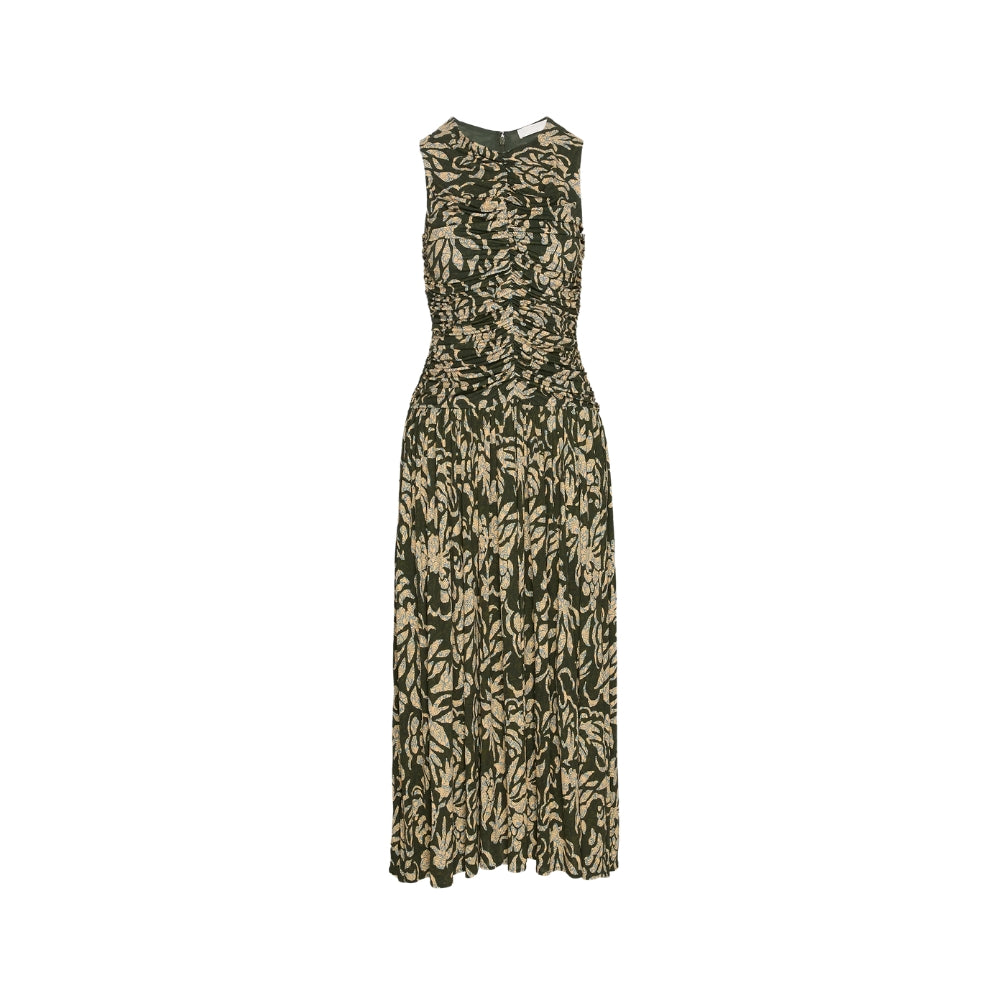 Riada Concept Ulla Johnson Elora sleeveless jersey dress in an olive floral print, with a ruched bodice and pleated skirt 
