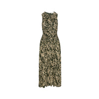 Riada Concept Ulla Johnson Elora sleeveless jersey dress in an olive floral print, with a ruched bodice and pleated skirt 