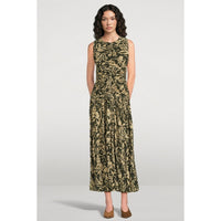 Riada Concept Ulla Johnson Elora sleeveless jersey dress in an olive floral print, with a ruched bodice and pleated skirt - front view