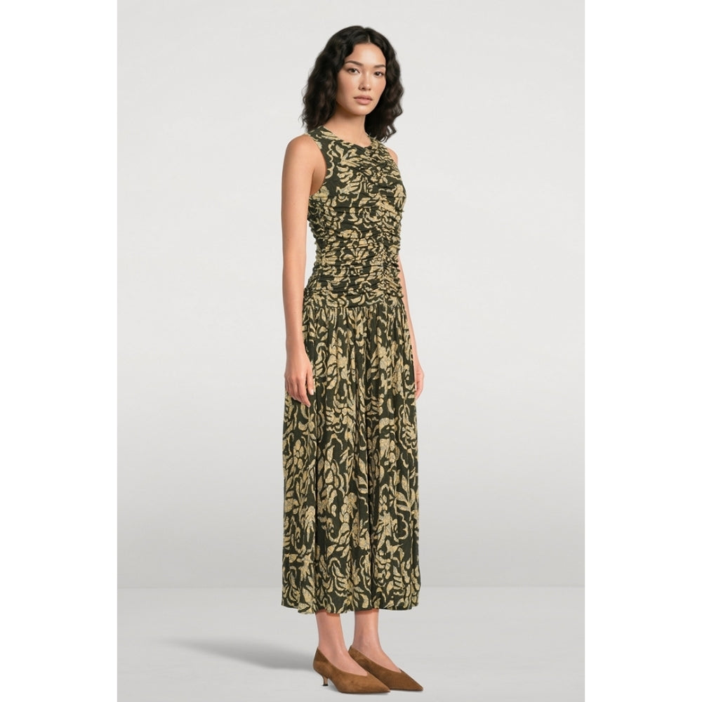 Riada Concept Ulla Johnson Elora sleeveless jersey dress in an olive floral print, with a ruched bodice and pleated skirt - side view