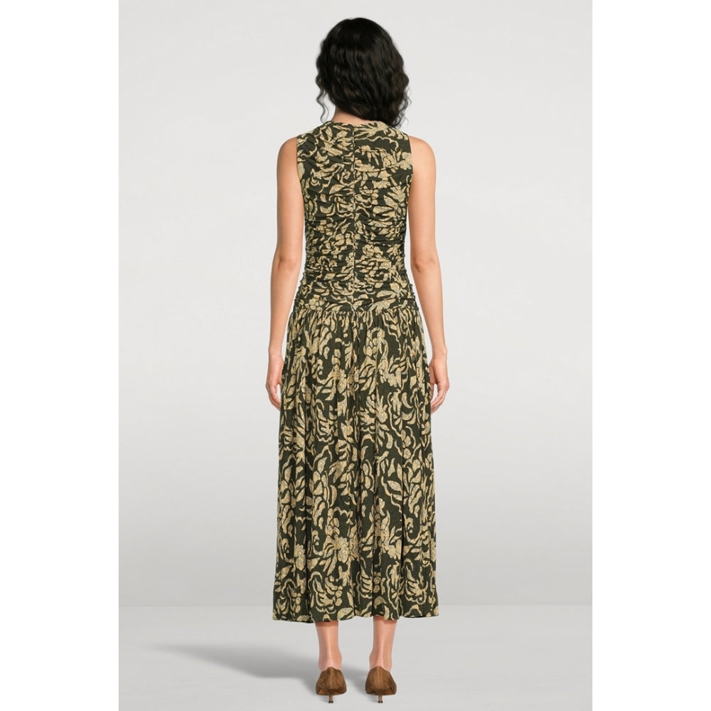 Riada Concept Ulla Johnson Elora sleeveless jersey dress in an olive floral print, with a ruched bodice and pleated skirt - back view