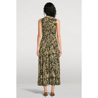 Riada Concept Ulla Johnson Elora sleeveless jersey dress in an olive floral print, with a ruched bodice and pleated skirt - back view