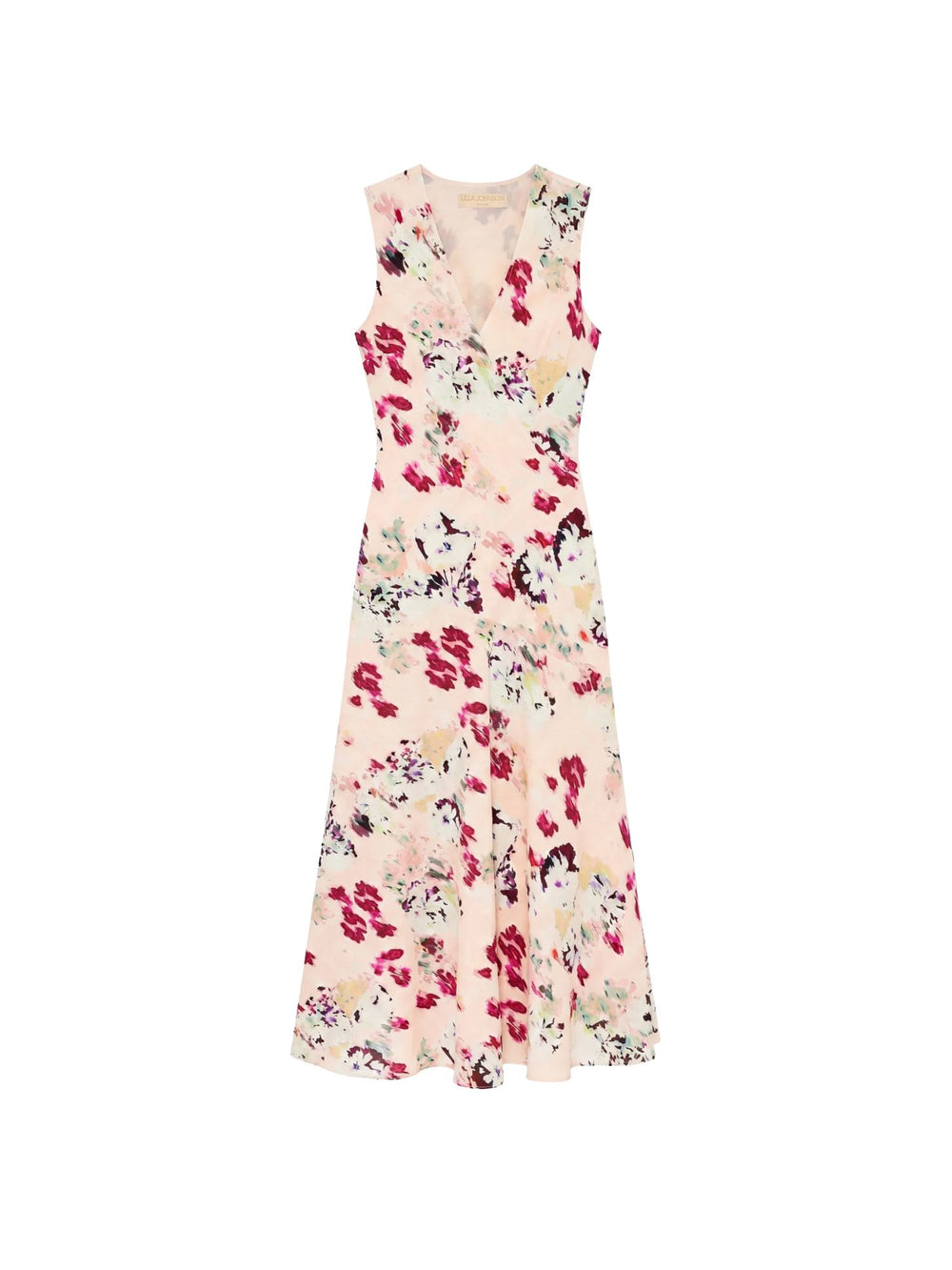 Shop Ulla Johnson Elowen in Summer Garden, a floral silk crepe de chine midi dress with V-neckline, bias cut and body-skimming fit at Riada Australia.