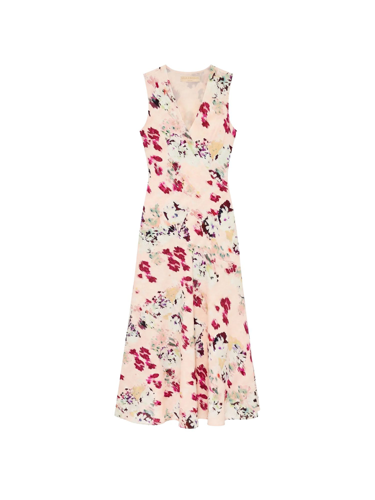 Shop Ulla Johnson Elowen in Summer Garden, a floral silk crepe de chine midi dress with V-neckline, bias cut and body-skimming fit at Riada Australia.