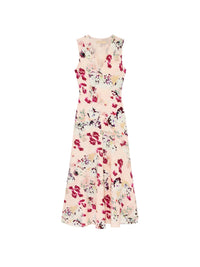 Shop Ulla Johnson Elowen in Summer Garden, a floral silk crepe de chine midi dress with V-neckline, bias cut and body-skimming fit at Riada Australia.