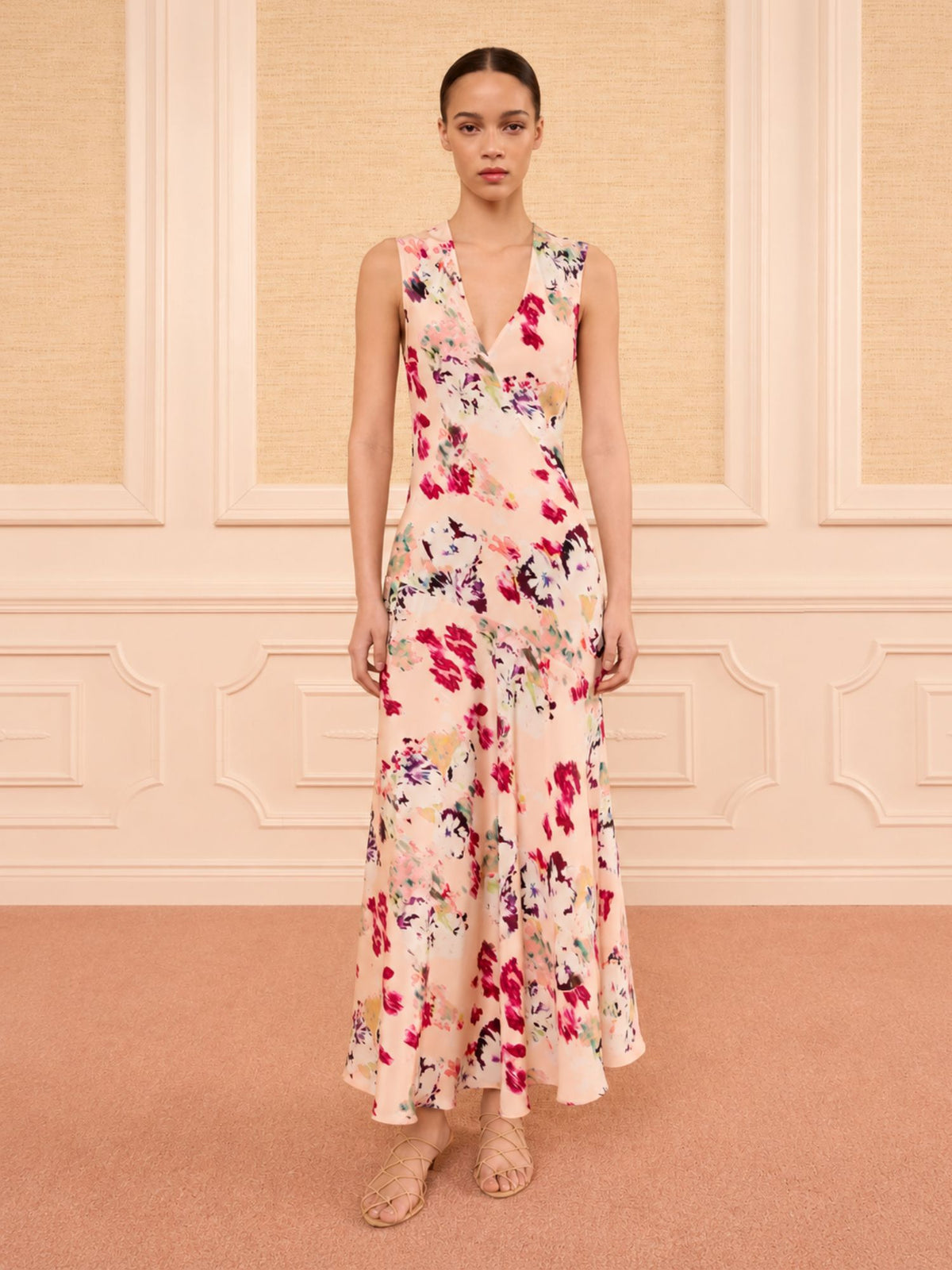 Shop Ulla Johnson Elowen in Summer Garden, a floral silk crepe de chine midi dress with V-neckline, bias cut and body-skimming fit at Riada Australia.