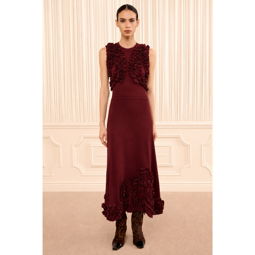 Riada Concept Ulla Johnson Heloise high-waisted wool jersey midi skirt in deep red, with ruffles at the hem - full front view styled model