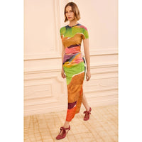 Ulla Johnson Inez Midi Skirt at Riada Concept - a high-rise satin pencil skirt with a crinkled finish, featuring 'Nature Abhors a Vacuum' artwork print.