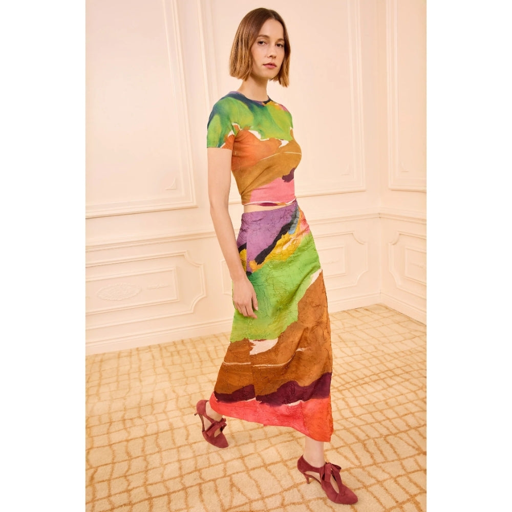 Ulla Johnson Inez Midi Skirt at Riada Concept - a high-rise satin pencil skirt with a crinkled finish, featuring 'Nature Abhors a Vacuum' artwork print.