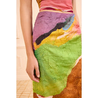 Ulla Johnson Inez Midi Skirt at Riada Concept - a high-rise satin pencil skirt with a crinkled finish, featuring 'Nature Abhors a Vacuum' artwork print.