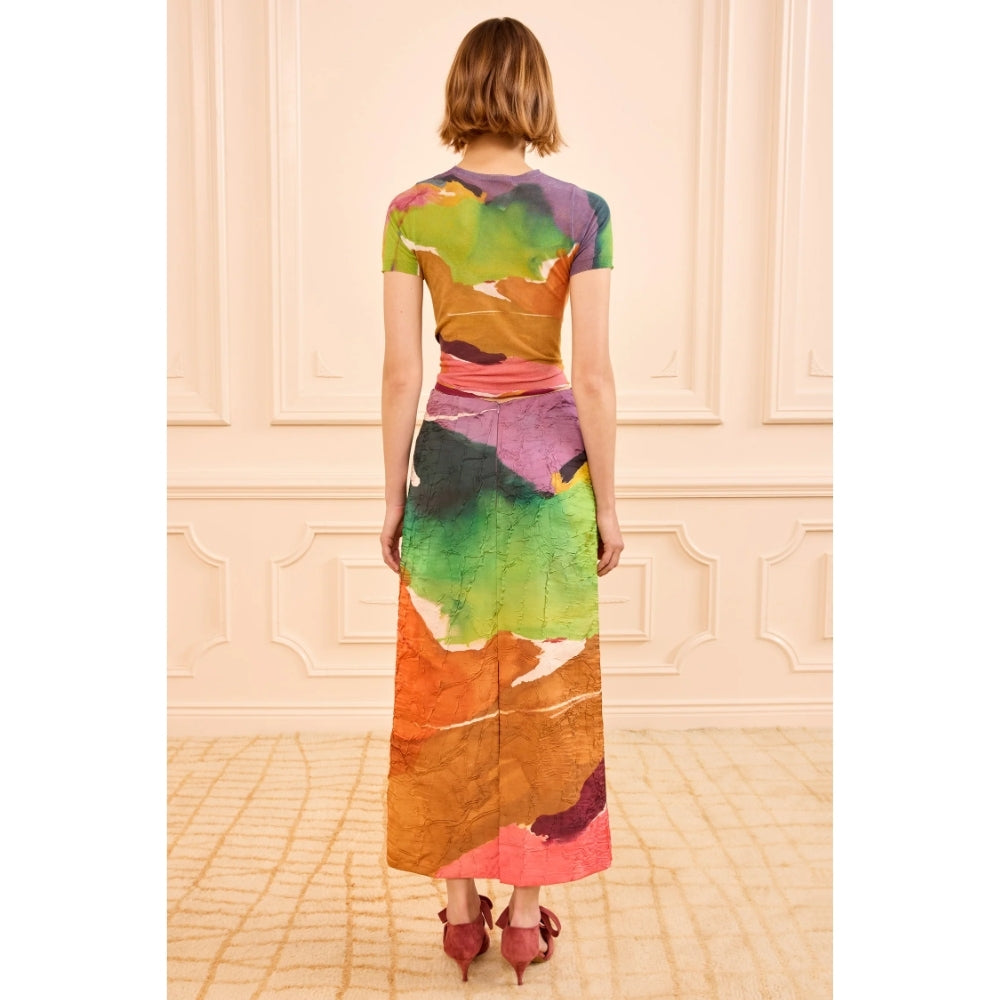 Ulla Johnson Inez Midi Skirt at Riada Concept - a high-rise satin pencil skirt with a crinkled finish, featuring 'Nature Abhors a Vacuum' artwork print.