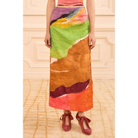 Ulla Johnson Inez Midi Skirt at Riada Concept - a high-rise satin pencil skirt with a crinkled finish, featuring 'Nature Abhors a Vacuum' artwork print.