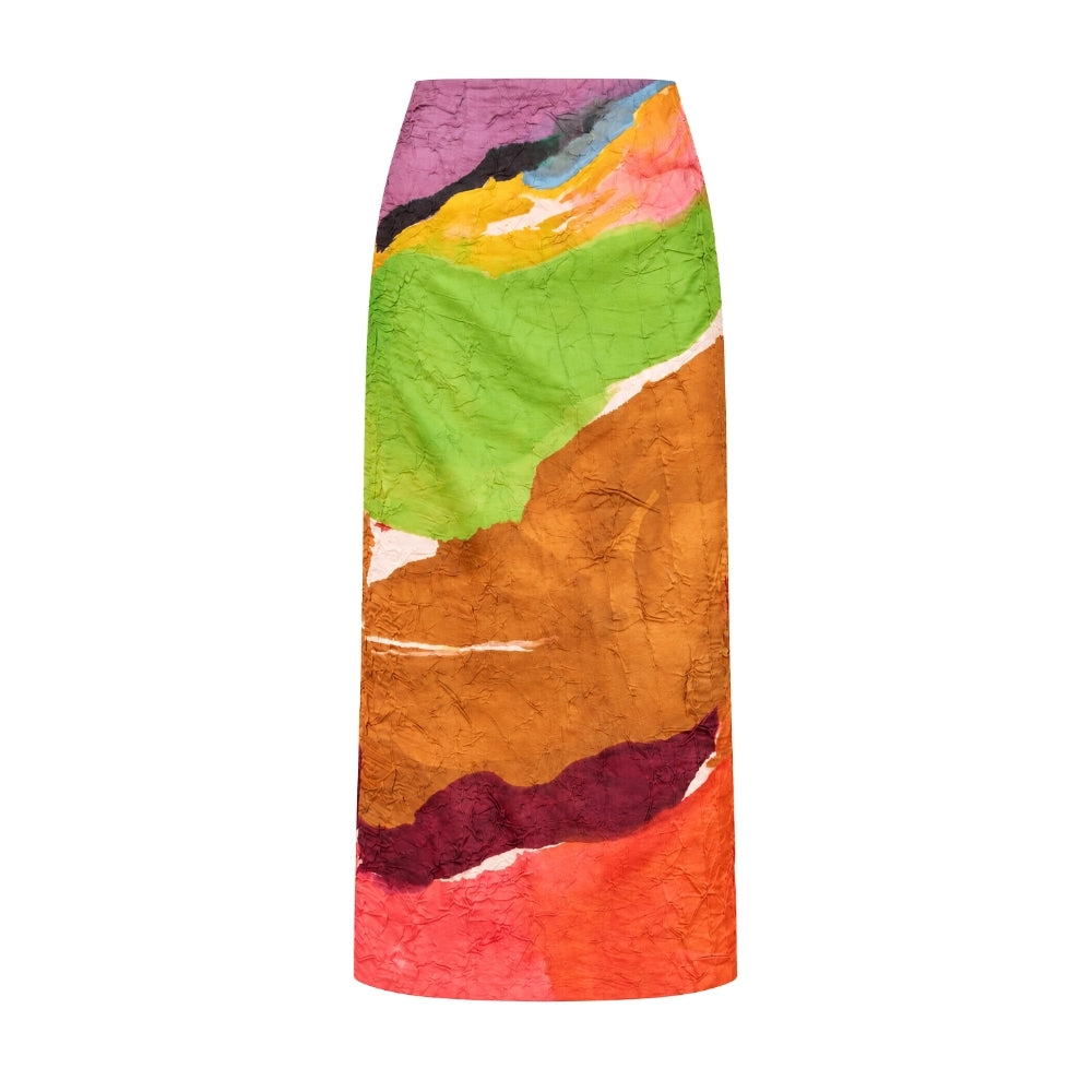 Ulla Johnson Inez Midi Skirt at Riada Concept - a high-rise satin pencil skirt with a crinkled finish, featuring 'Nature Abhors a Vacuum' artwork print.