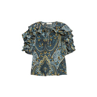 Riada Concept Ulla Johnson Josephine silk crepe de chine top in a blue paisley print, with ruffled sleeves and a tie neck