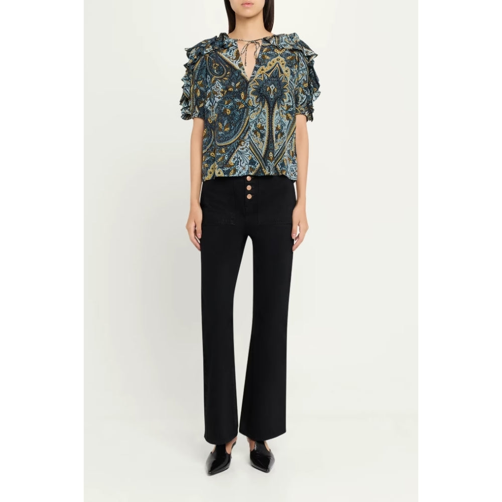 Riada Concept Ulla Johnson Josephine silk crepe de chine top in a blue paisley print, with ruffled sleeves and a tie neck - full body front