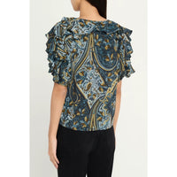 Riada Concept Ulla Johnson Josephine silk crepe de chine top in a blue paisley print, with ruffled sleeves and a tie neck - back view