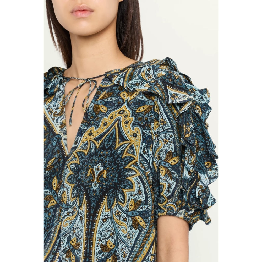 Riada Concept Ulla Johnson Josephine silk crepe de chine top in a blue paisley print, with ruffled sleeves and a tie neck - close-up view