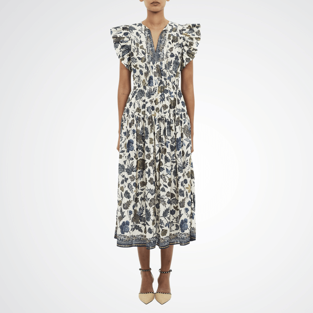 Ulla Johnson Kairi Flutter Sleeve Midi Dress in Porcelain Ulla Johnson designer skirts, international luxury fashion boutique Australia Riada Concept Woollahra