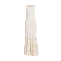 Shop Ulla Johnson Lakshmi in Cowrie, a cream eyelet knit maxi dress with scalloped ruffles, close fit and full flared hem at Riada Australia.