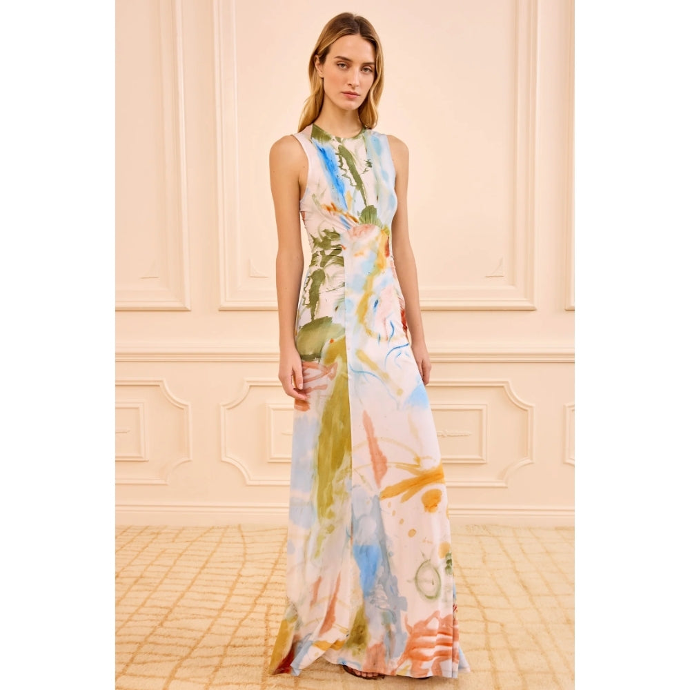 Shop Ulla Johnson Lana in Western Dream, a slim ruched jersey midi dress featuring artwork by Helen Frankenthaler with princess seams and crew neck at Riada.