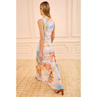 Shop Ulla Johnson Lana in Western Dream, a slim ruched jersey midi dress featuring artwork by Helen Frankenthaler with princess seams and crew neck at Riada.
