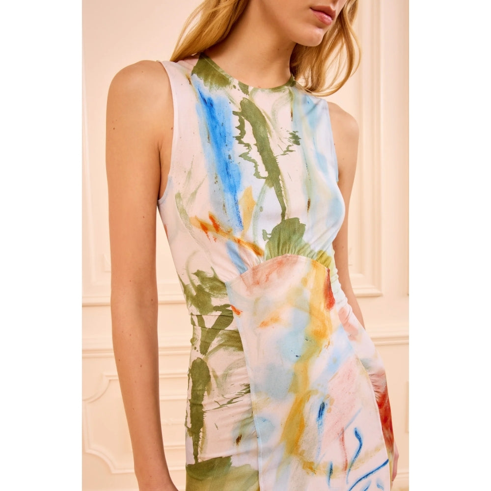 Shop Ulla Johnson Lana in Western Dream, a slim ruched jersey midi dress featuring artwork by Helen Frankenthaler with princess seams and crew neck at Riada.