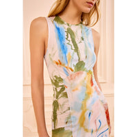 Shop Ulla Johnson Lana in Western Dream, a slim ruched jersey midi dress featuring artwork by Helen Frankenthaler with princess seams and crew neck at Riada.