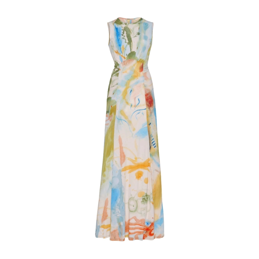 Shop Ulla Johnson Lana in Western Dream, a slim ruched jersey midi dress featuring artwork by Helen Frankenthaler with princess seams and crew neck at Riada.