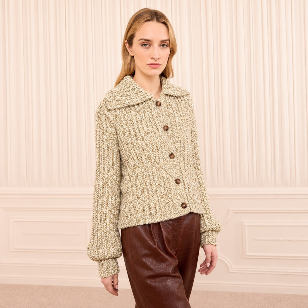 Riada Concept Ulla Johnson Louise cardigan in a marled mouline knit with a wide collar and full sleeves - model front view