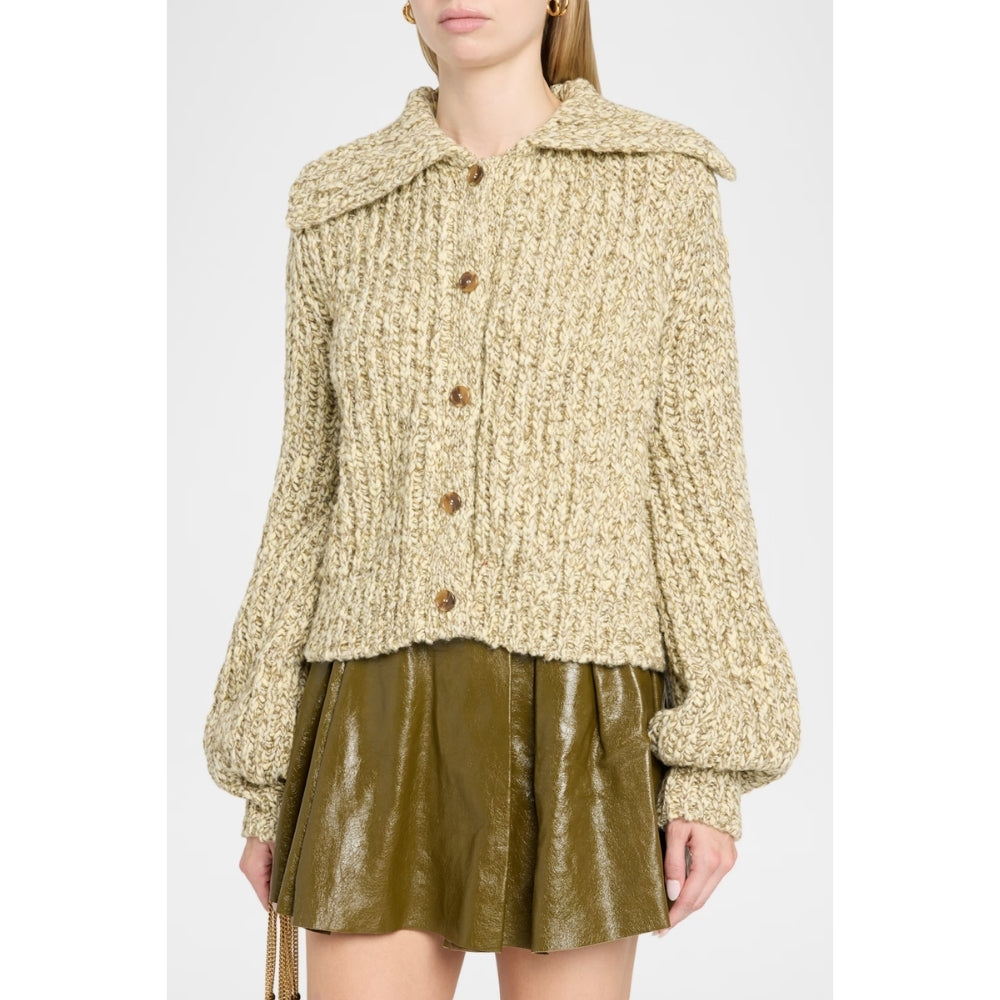 Riada Concept Ulla Johnson Louise cardigan in a marled mouline knit with a wide collar and full sleeves - model front view cropped