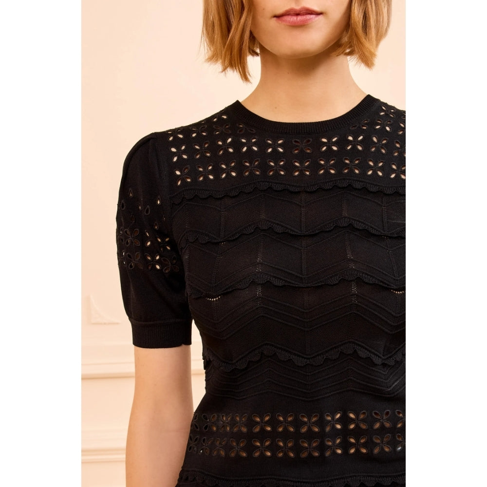 Ulla Johnson Marcelena Eyelet Knit Short Sleeve Top in Noir – International designer fashion boutique Australia Riada Concept Woollahra