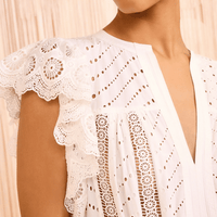 Ulla Johnson Olga Flutter Sleeve Midi Dress in Pristine – luxury white cotton eyelet midi dress with lace inserts and scalloped flutter sleeves, Available instore and online at Riada Concept, Woollahra — Sydney’s destination for a curated selection of international luxury brands