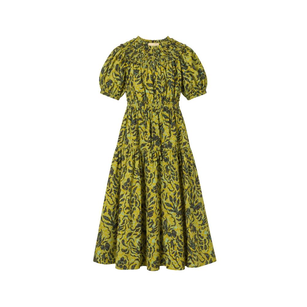 Riada Concept Ulla Johnson Othella cotton poplin midi dress in a chartreuse botanical print, with puff sleeves and pockets