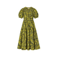 Riada Concept Ulla Johnson Othella cotton poplin midi dress in a chartreuse botanical print, with puff sleeves and pockets