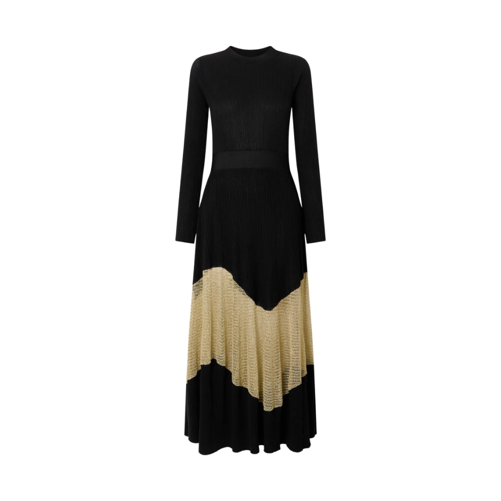 Shop Ulla Johnson Roanne in Gold Noir, a slim rib-knit long dress with shimmering Lurex mesh hem, crew neck and fluid ankle-grazing skirt at Riada.