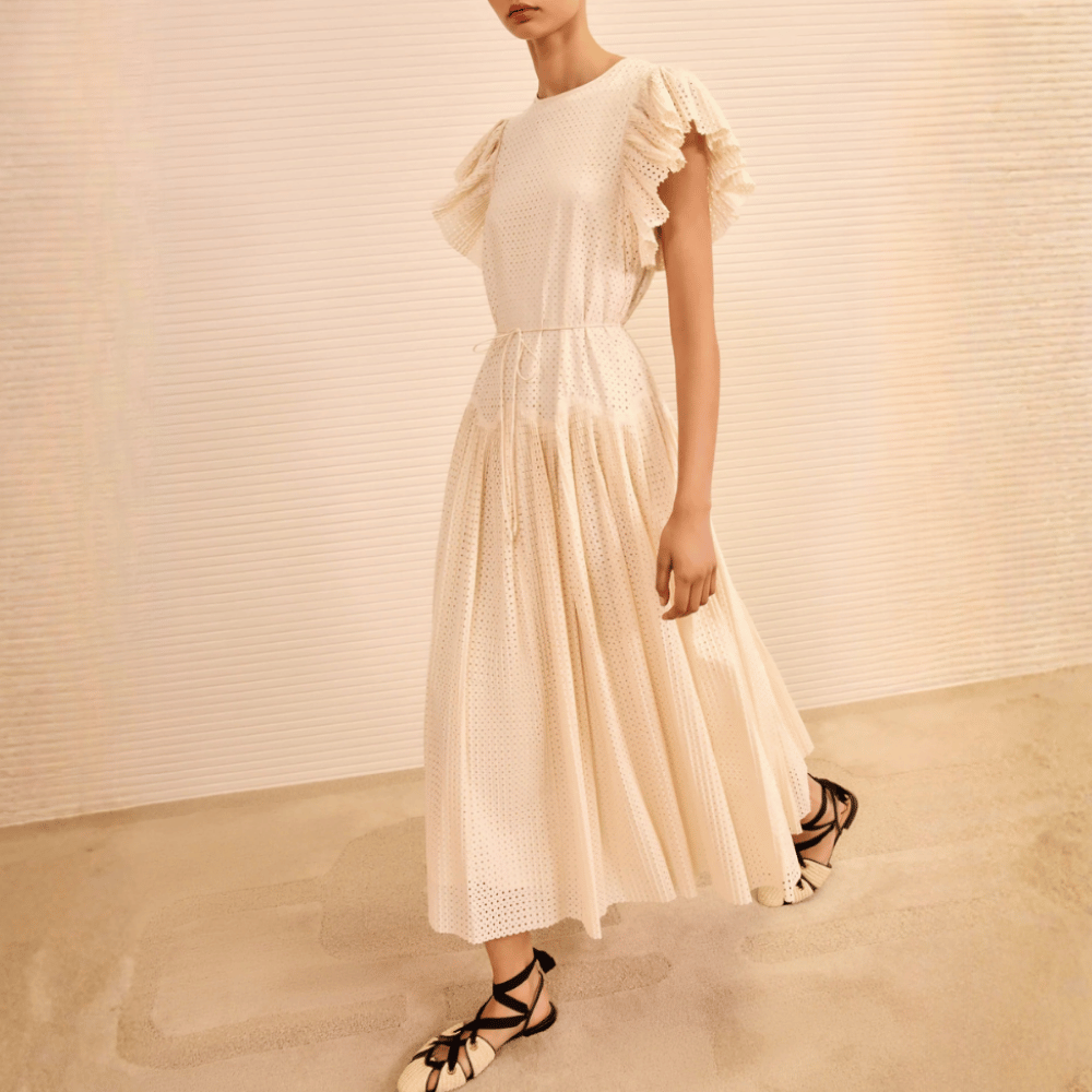 Ulla Johnson Sylvaine Flutter Sleeve Midi Dress in Cowrie Ulla Johnson designer skirts, international luxury fashion boutique Australia Riada Concept Woollahra