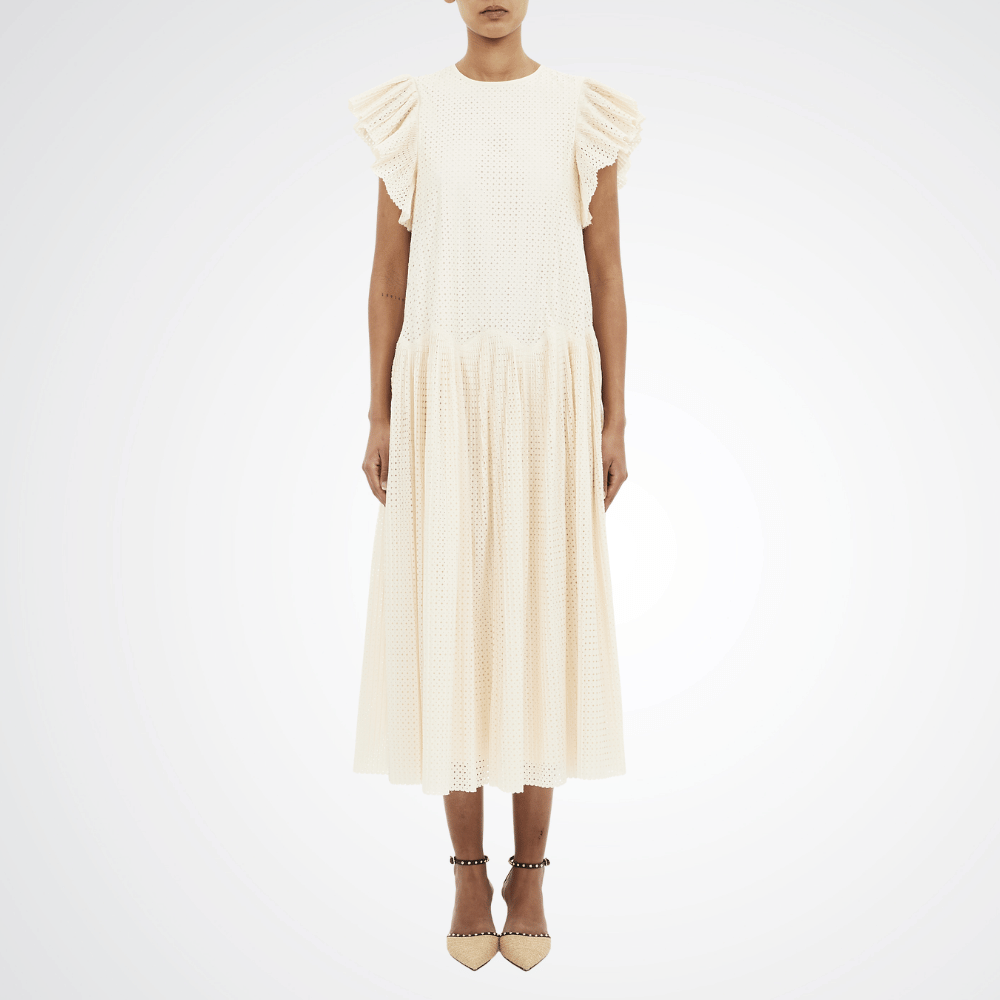 Ulla Johnson Sylvaine Flutter Sleeve Midi Dress in Cowrie Ulla Johnson designer skirts, international luxury fashion boutique Australia Riada Concept Woollahra