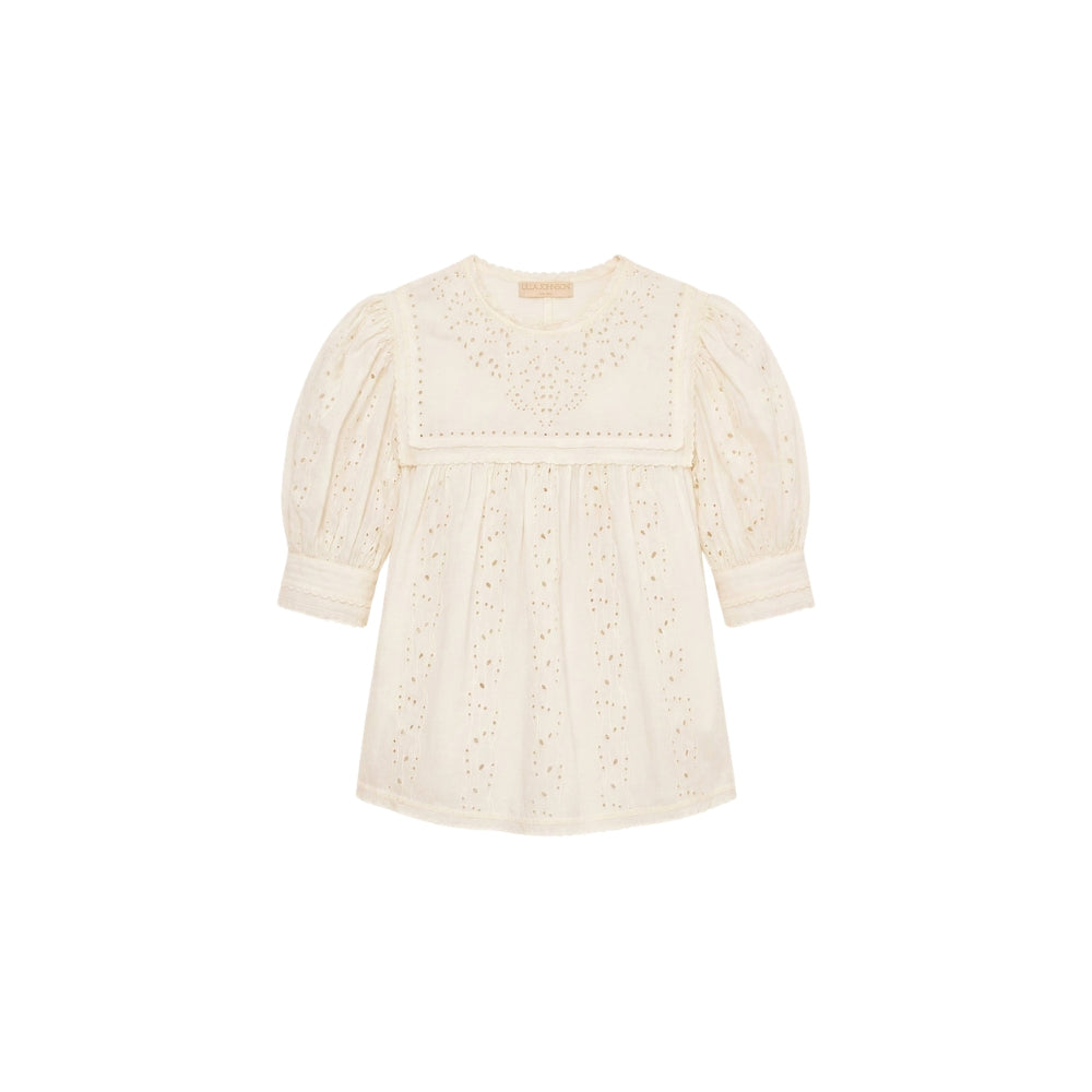 Riada Concept Ulla Johnson Una ivory cotton poplin top with eyelet embroidery, an embroidered yoke and puff sleeves