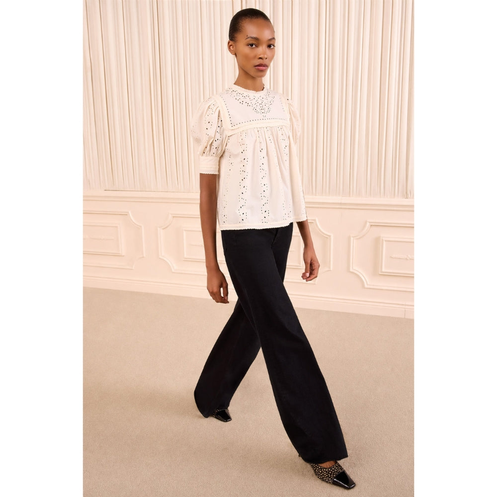 Riada Concept Ulla Johnson Una ivory cotton poplin top with eyelet embroidery, an embroidered yoke and puff sleeves - styled model