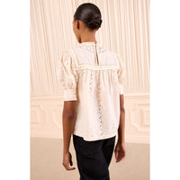 Riada Concept Ulla Johnson Una ivory cotton poplin top with eyelet embroidery, an embroidered yoke and puff sleeves - back view