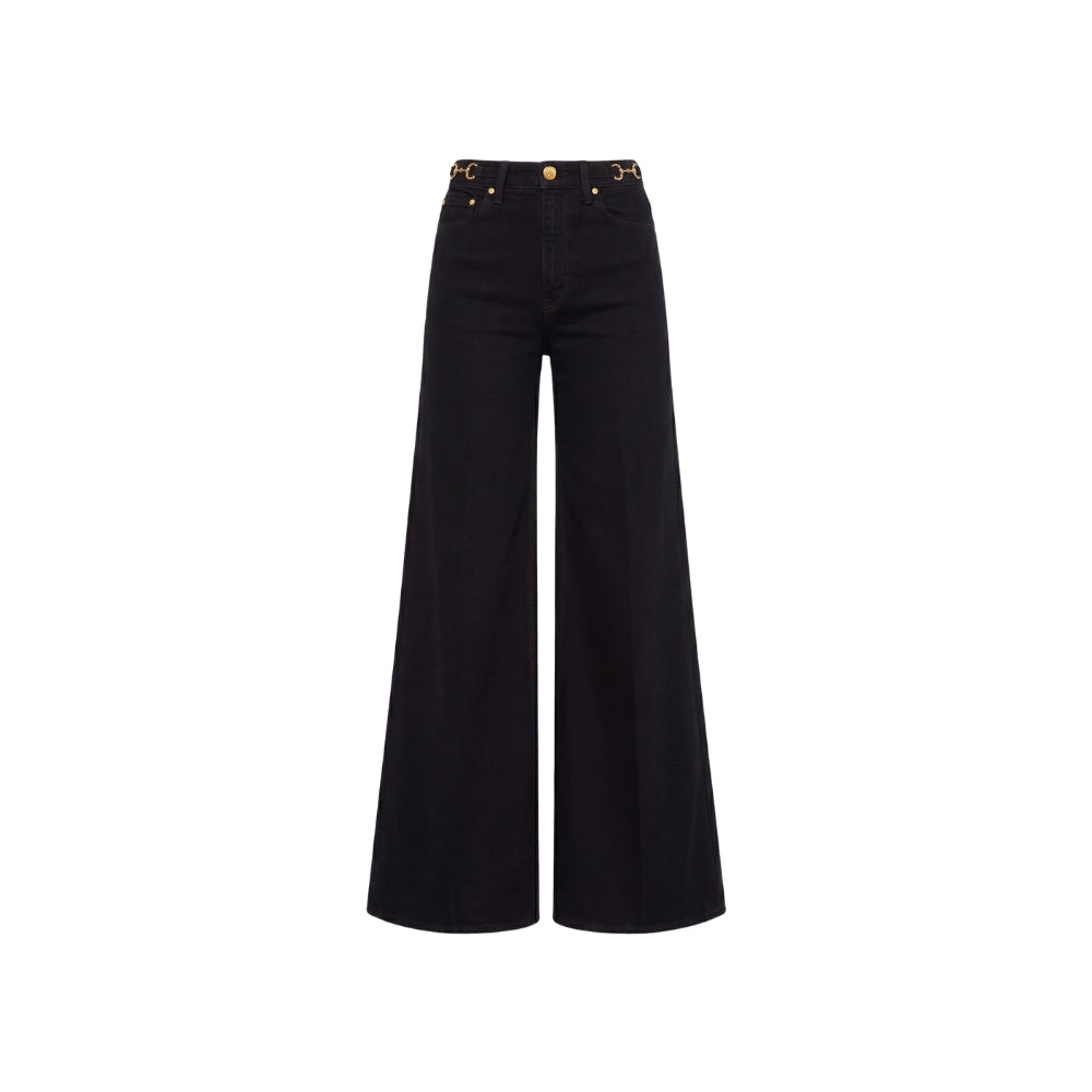 Ulla Johnson Valory high-rise flare jeans in black stretch denim with gold horsebit hardware. Shop at Riada Concept, shipping Australia-wide and worldwide.