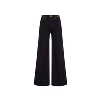 Ulla Johnson Valory high-rise flare jeans in black stretch denim with gold horsebit hardware. Shop at Riada Concept, shipping Australia-wide and worldwide.