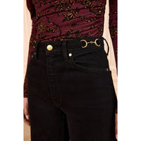 Ulla Johnson Valory high-rise flare jeans in black stretch denim with gold horsebit hardware. Shop at Riada Concept, shipping Australia-wide and worldwide.