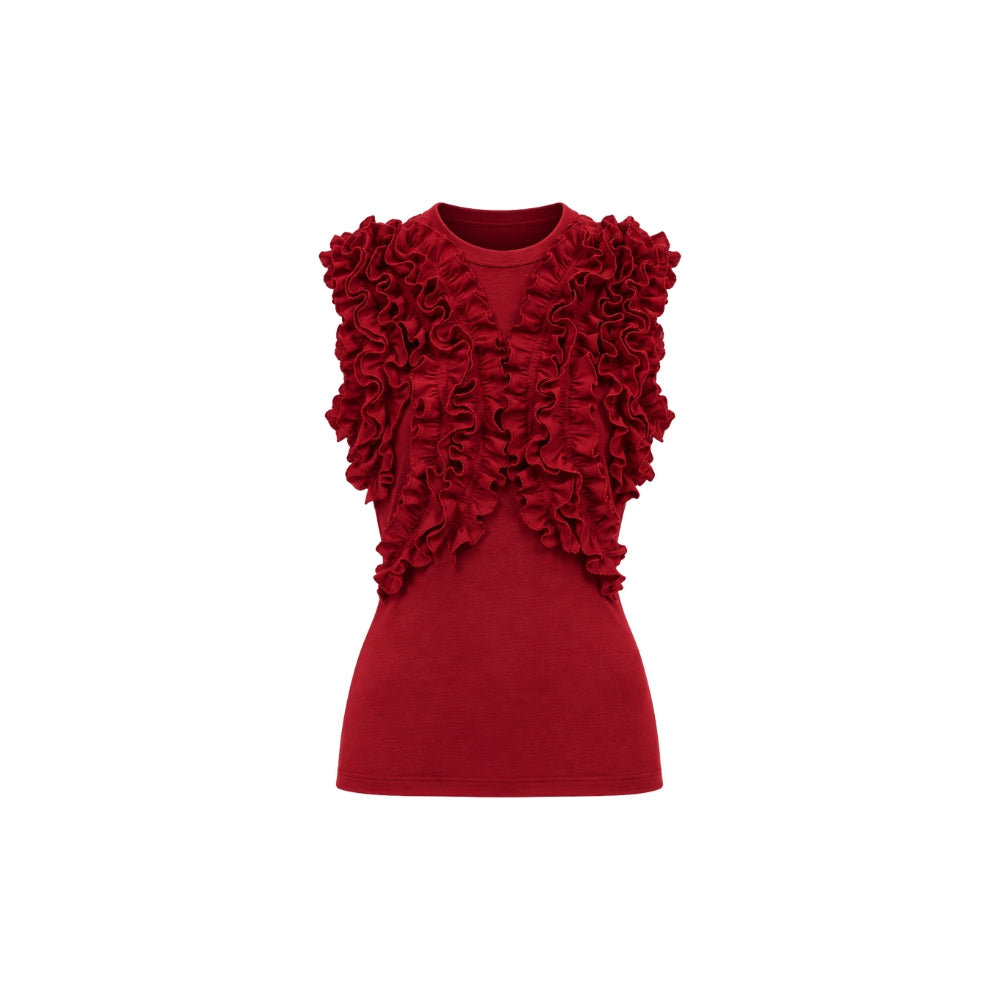 Ulla Johnson Vesna sleeveless wool jersey top in deep red, with ruffles tracing the bodice. Shop at Riada Concept, shipping Australia-wide and worldwide.