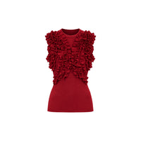 Ulla Johnson Vesna sleeveless wool jersey top in deep red, with ruffles tracing the bodice. Shop at Riada Concept, shipping Australia-wide and worldwide.