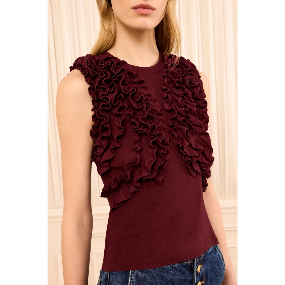 Riada Concept Ulla Johnson Vesna sleeveless wool jersey top in deep red, with ruffles tracing the bodice - cropped model front view