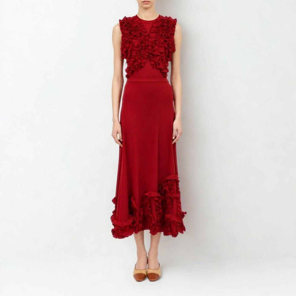 Ulla Johnson Vesna sleeveless wool jersey top in deep red, with ruffles tracing the bodice. Shop at Riada Concept, shipping Australia-wide and worldwide.