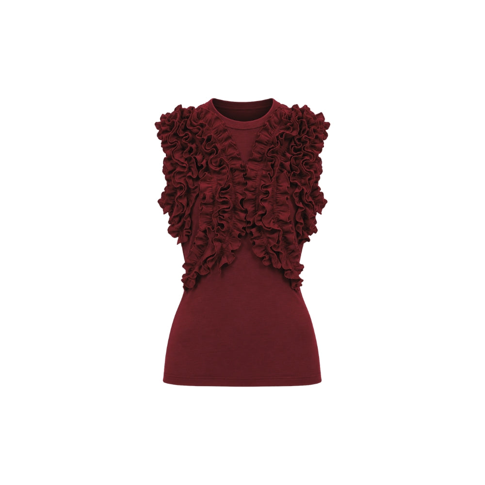 Riada Concept Ulla Johnson Vesna sleeveless wool jersey top in deep red, with ruffles tracing the bodice