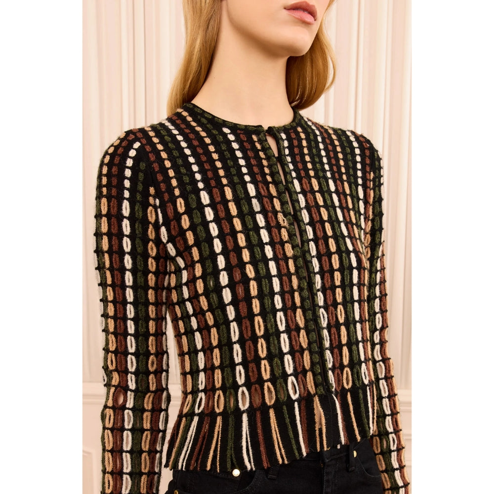 Riada Concept Ulla Johnson Zora cropped merino-blend cardigan with multicoloured open-knit detailing and a fringed hem
