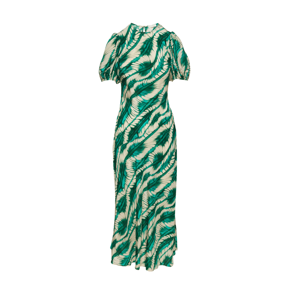Ulla Johnson Ines Puff Sleeve Round Neck Midi Dress in Green and Cream Shibori Wave Print ULLA JOHNSON Designer fashion shop online and in store High End fashion boutique Sydney Australia Riada Concept